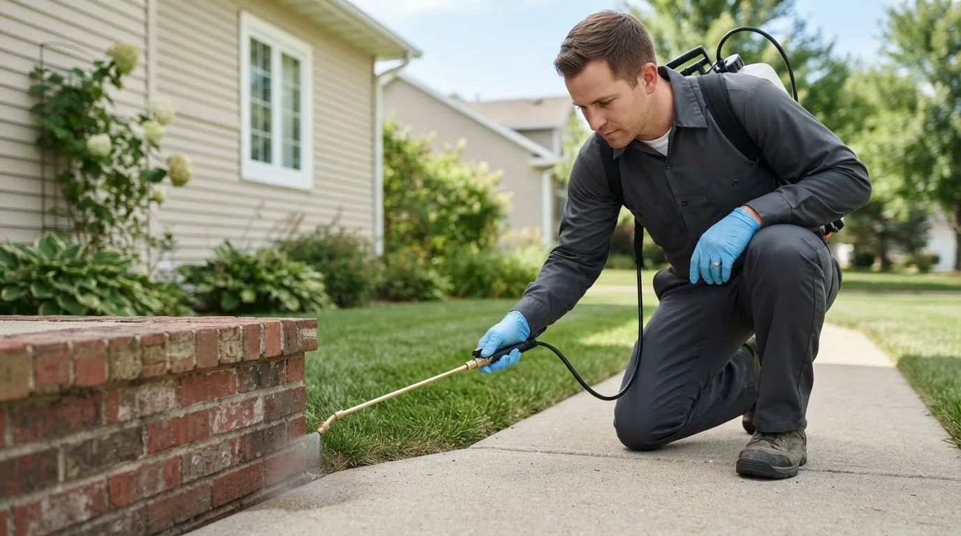 Pest control technician treating a home near Meherrin, VA